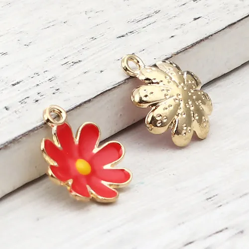 Pendants, Daisy, Flower, Single-Sided, Red, Enameled, Gold Plated, Alloy, 18mm