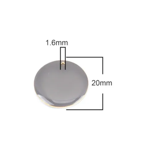 Pendants, Flat, Round, Double-Sided, Grey, Enameled, Drops, Brass, 20mm