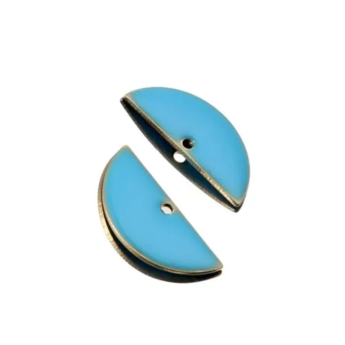 Pendants, Half-Round, Flat, Double-Sided, Blue, Enameled, Brass, 18mm