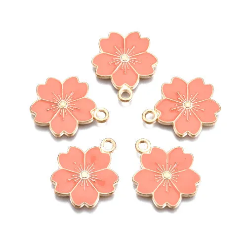 Pendants, Sakura Flower, Single-Sided, Salmon, Enameled, Light Gold Plated, Alloy, 20.5mm