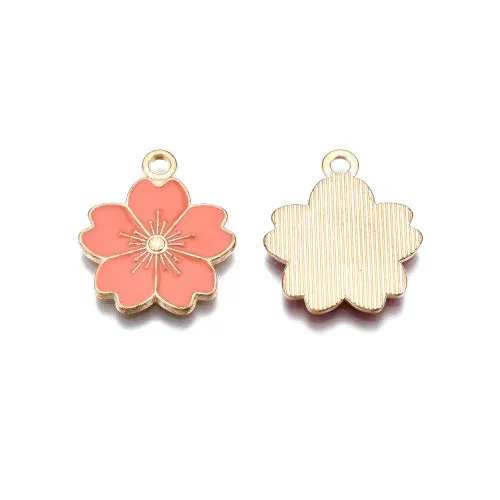 Pendants, Sakura Flower, Single-Sided, Salmon, Enameled, Light Gold Plated, Alloy, 20.5mm