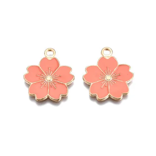 Pendants, Sakura Flower, Single-Sided, Salmon, Enameled, Light Gold Plated, Alloy, 20.5mm