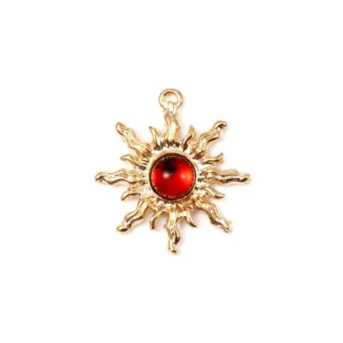 Pendants, Sun, Single-Sided, Red, Resin, Gold Plated Alloy, 29mm