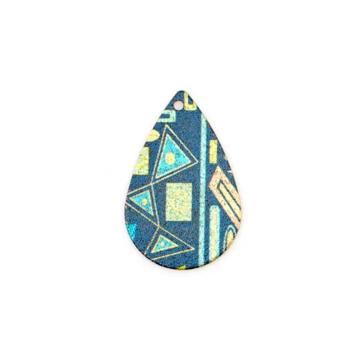 Pendants, Teardrop, Single-Sided, Blue, Printed, Enamel, Etched, Golden, Brass, 28mm