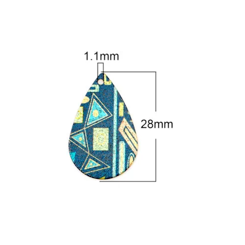 Pendants, Teardrop, Single-Sided, Blue, Printed, Enamel, Etched, Golden, Brass, 28mm