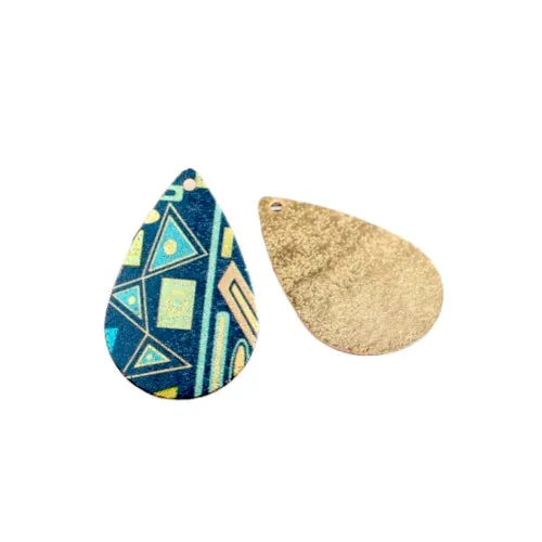 Pendants, Teardrop, Single-Sided, Blue, Printed, Enamel, Etched, Golden, Brass, 28mm