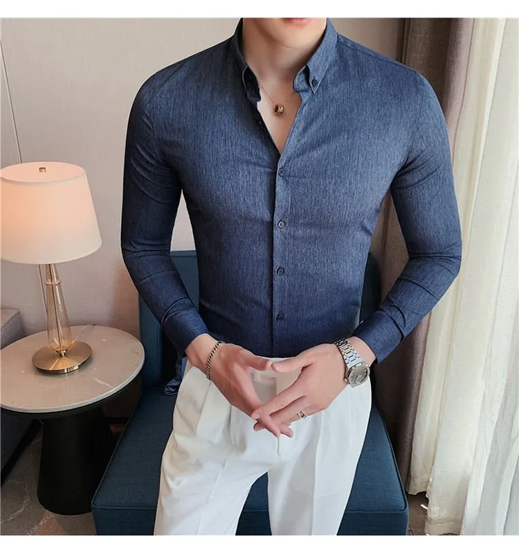 Plus Size Luxury Gentlemen Stretched Slim Fit Casual Shirt for Men