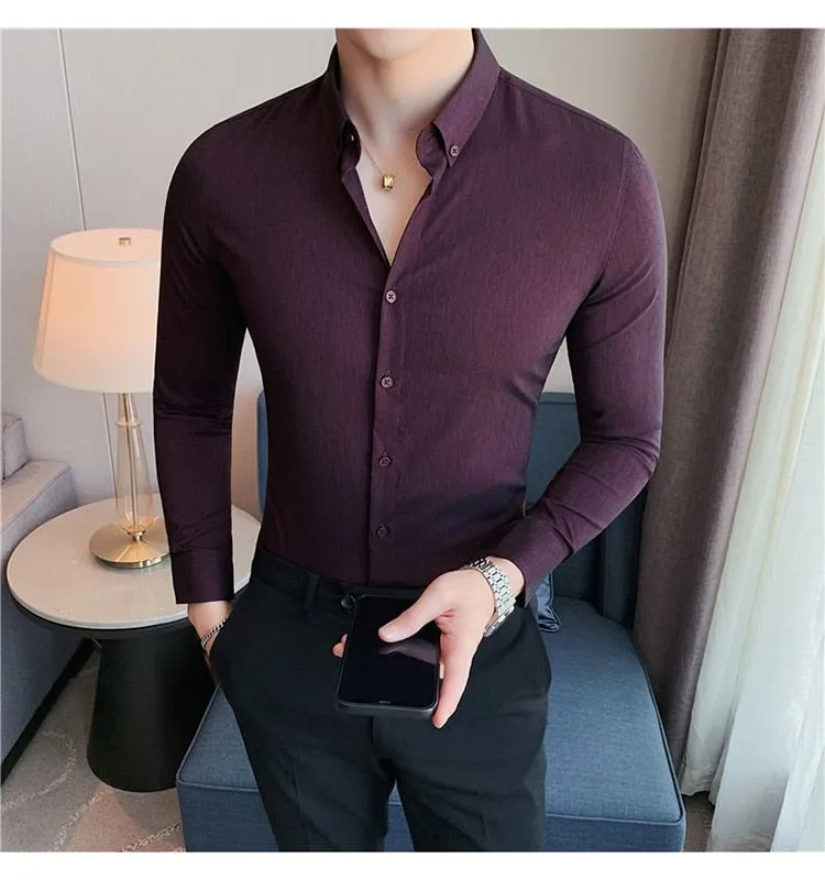 Plus Size Luxury Gentlemen Stretched Slim Fit Casual Shirt for Men