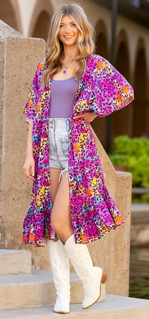 Purple Multi Color Leopard kimono with ruffle trim