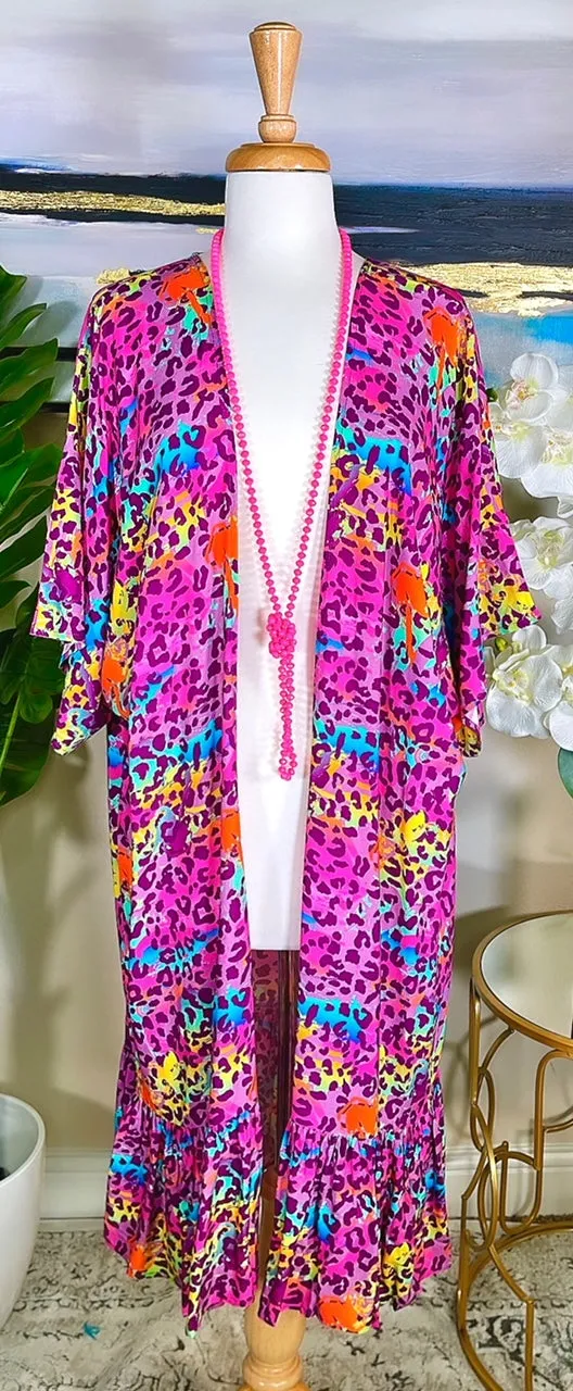 Purple Multi Color Leopard kimono with ruffle trim