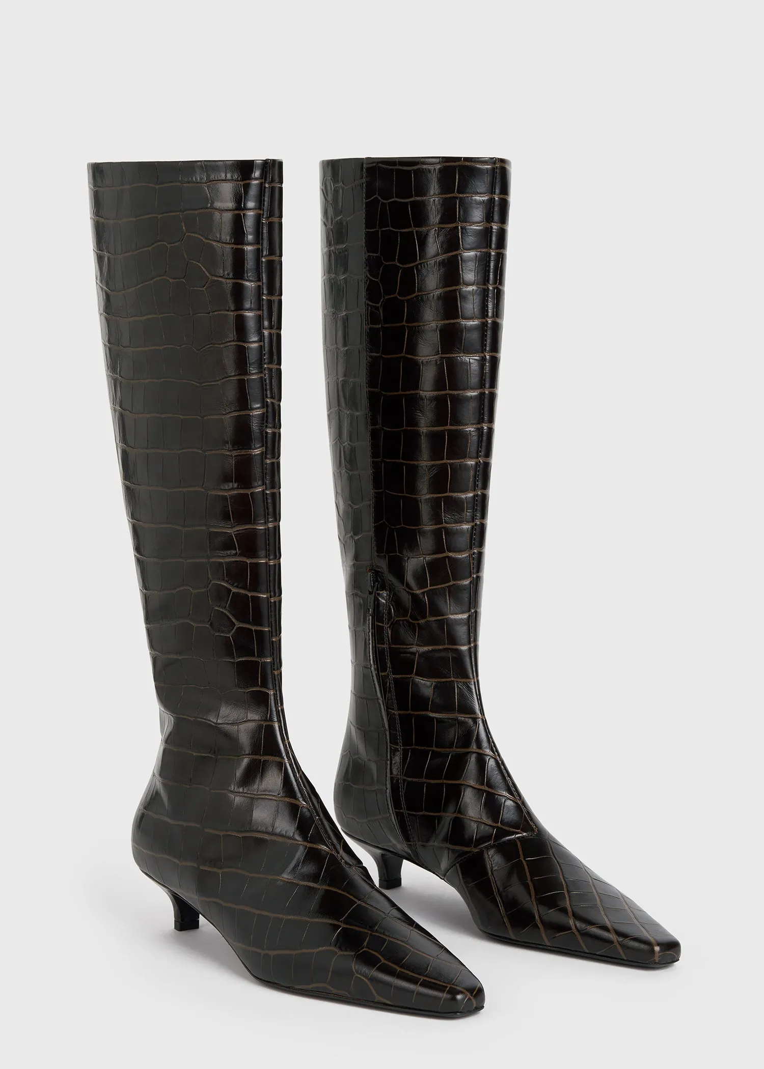 Slim croco-embossed knee-high boots dark brown