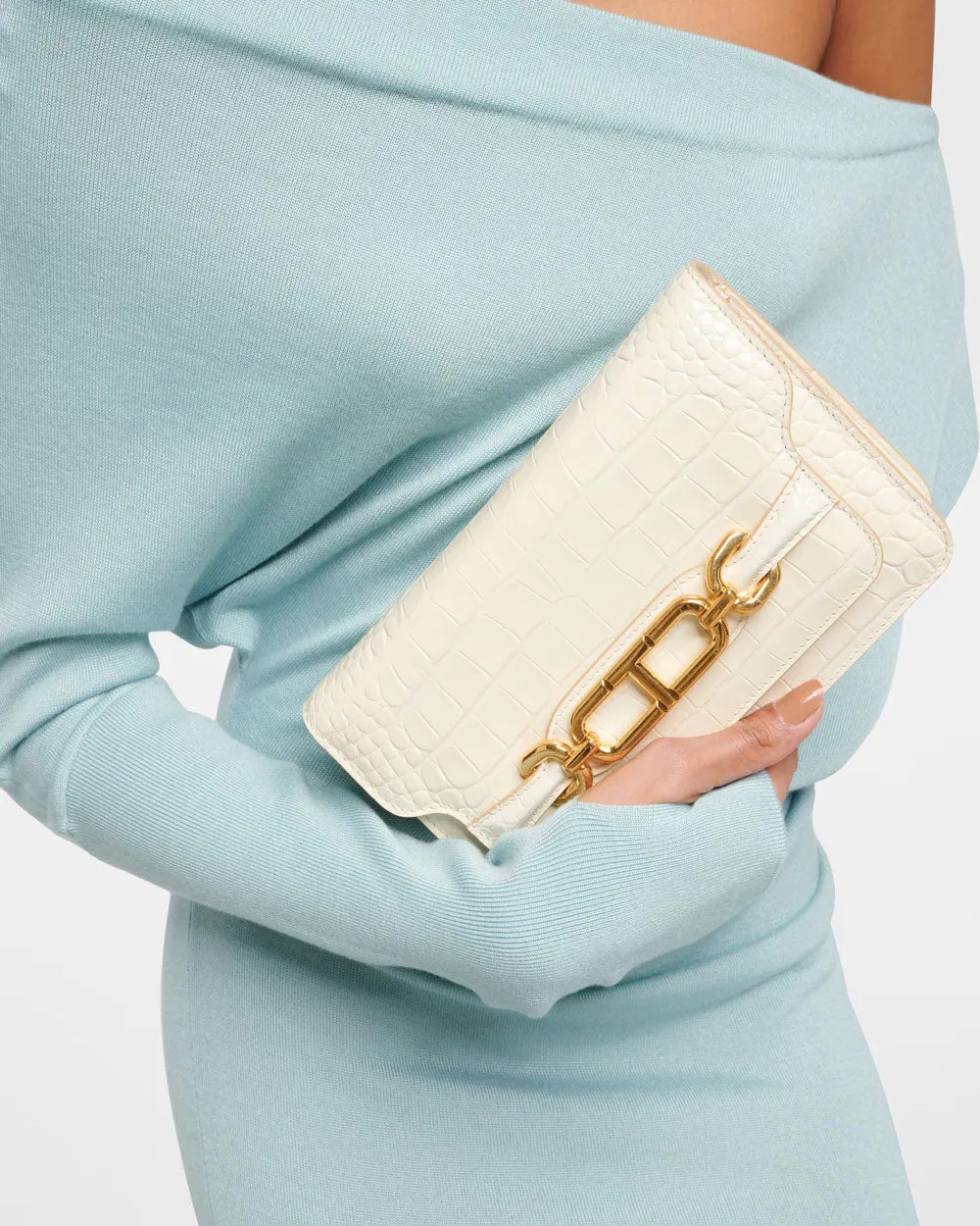 Small Whitney Croc Shoulder Bag in Ivory