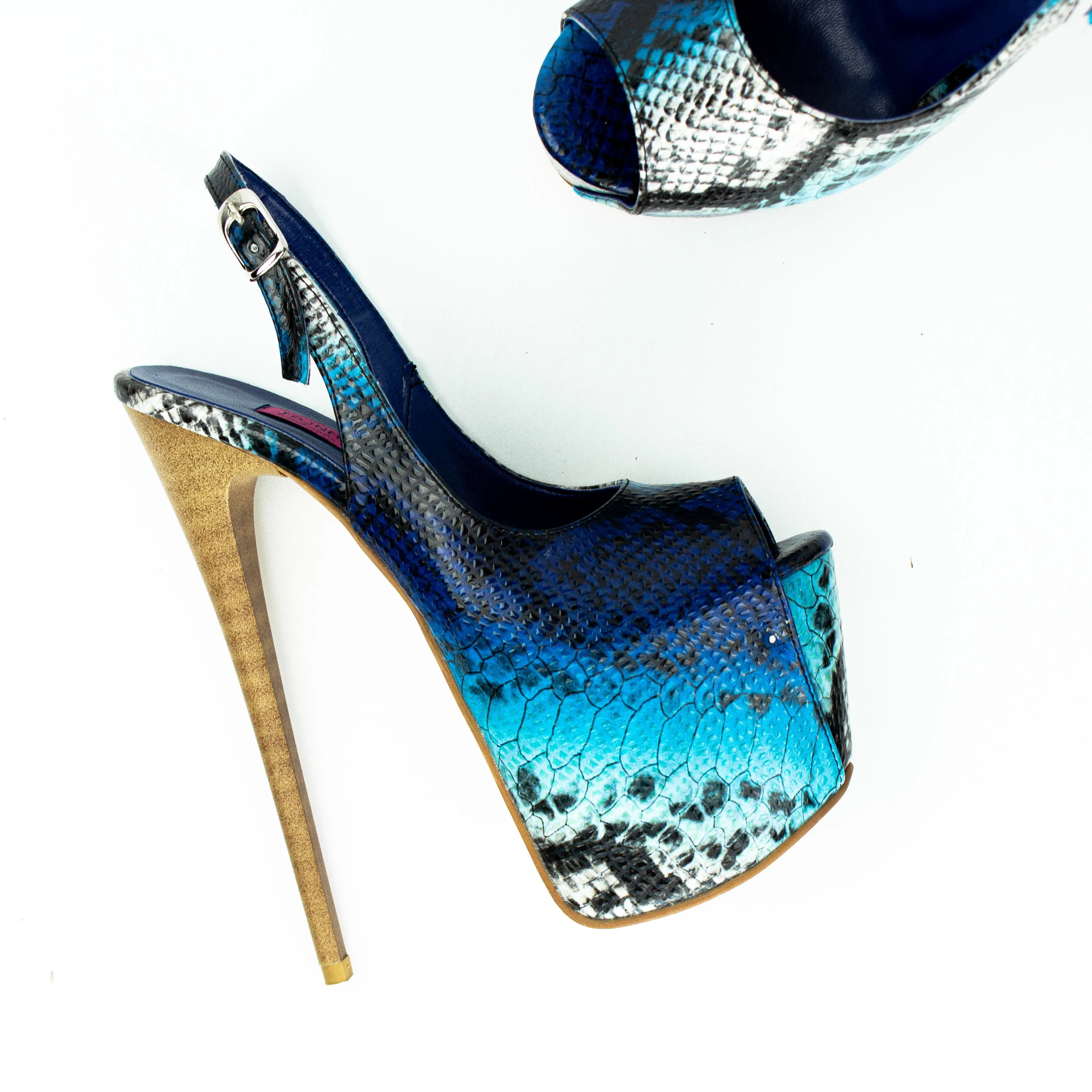 Snake Print Sling Back Blue High Heels