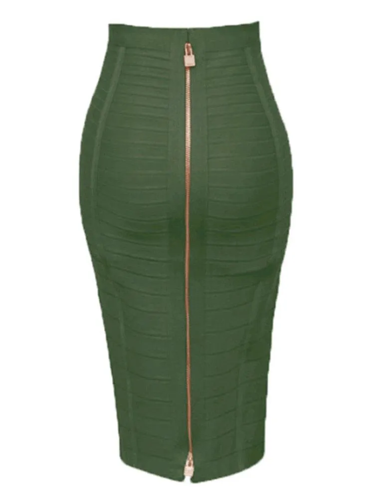 Solid Zipper Bandage Elastic Bodycon Skirt