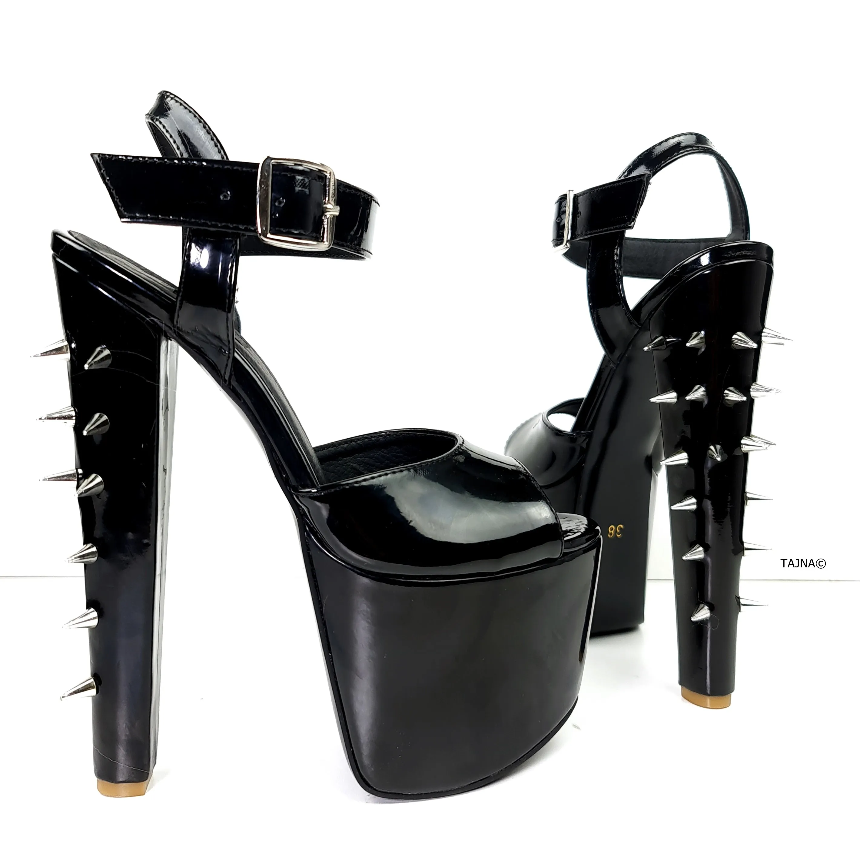 Spike Heeled Black Gloss Platform Sandals