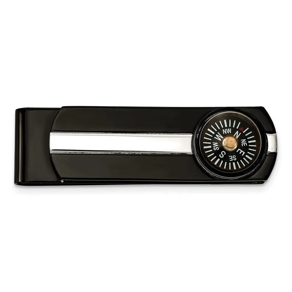 Stainless Steel & Black Plated Functional Compass Fold Over Money Clip