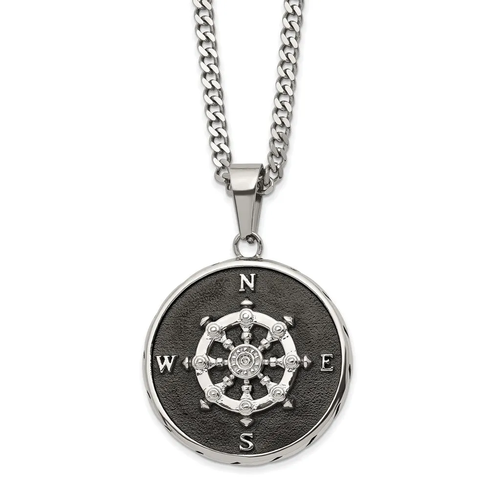 Stainless Steel Polished & Black Plated 30mm Compass Necklace, 22 Inch