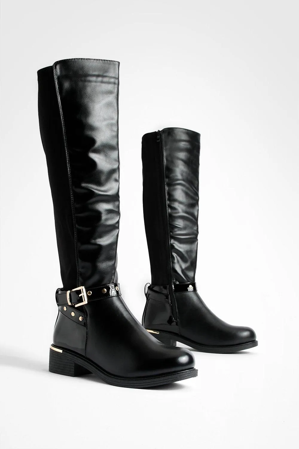 Stud And Buckle Detail Stretch Panel Knee High Boots