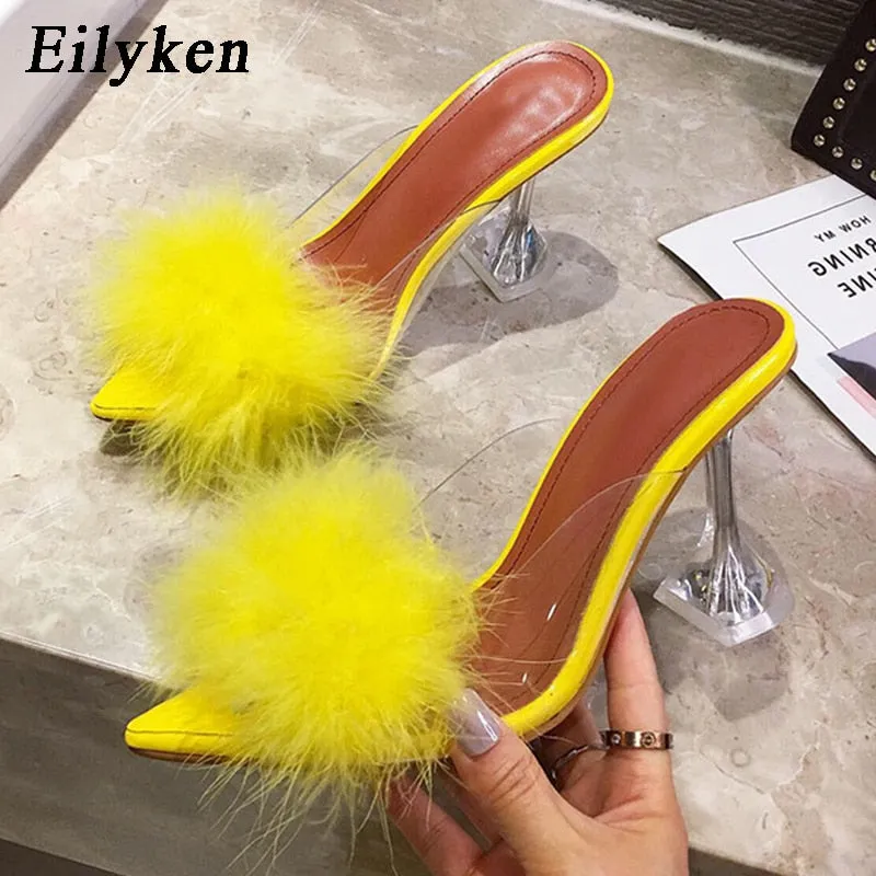 Transparent Feather High Heels Fur Slippers Woman Peep Toe Mules Lady Pumps Slides White Shoes