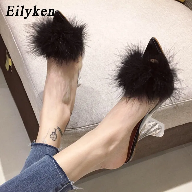 Transparent Feather High Heels Fur Slippers Woman Peep Toe Mules Lady Pumps Slides White Shoes