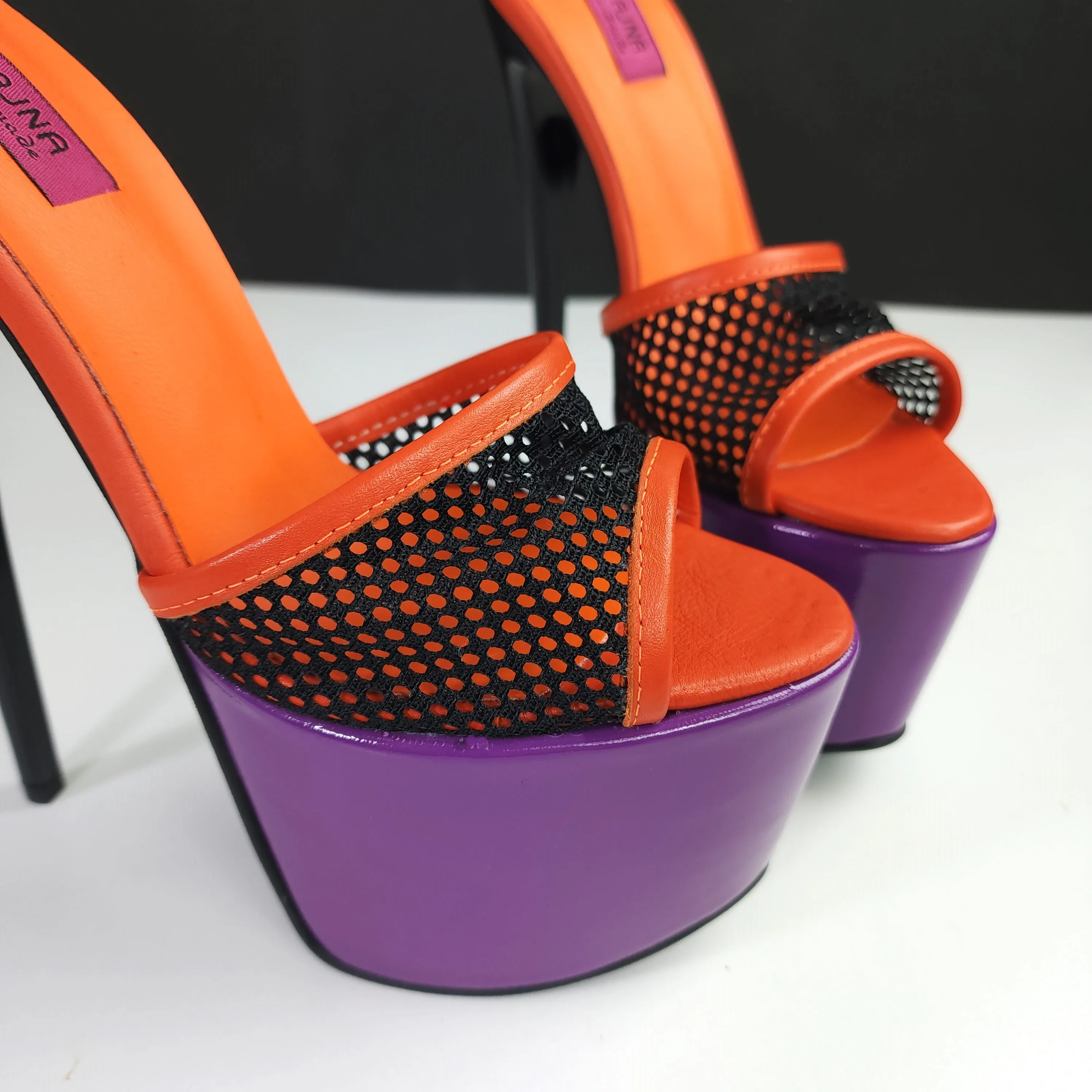 Triple Coloured Leather Fishnet Halloween Mules