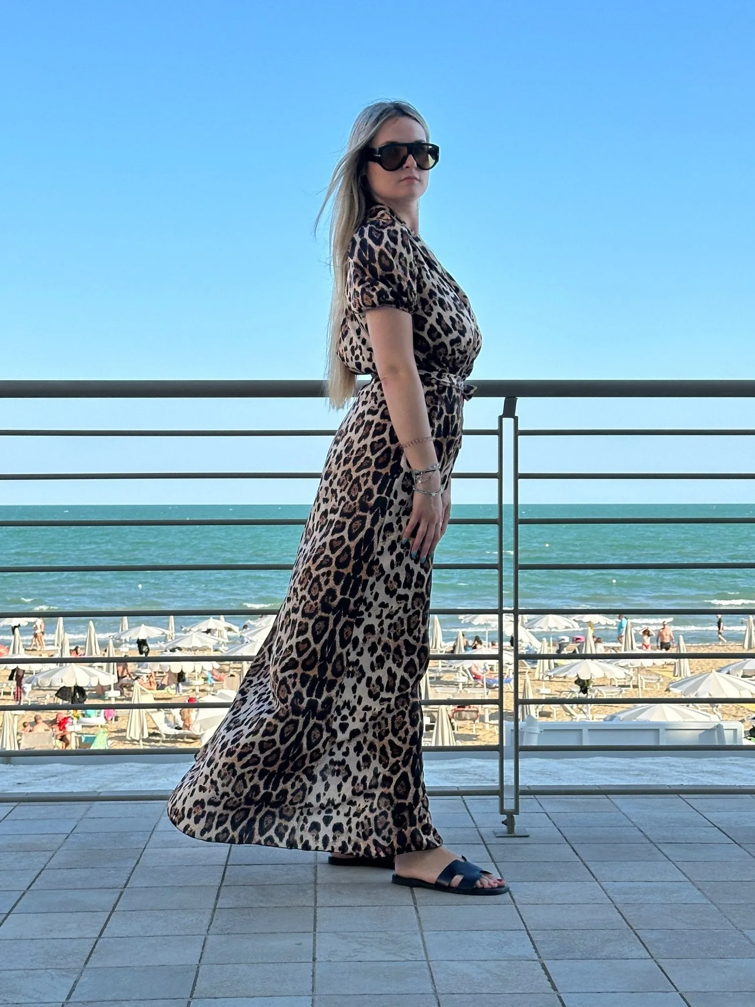 Vestito lungo caftano kimono animalier con cintura