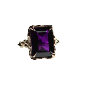 Vintage Inspired 14 Karat Yellow Gold Emerald Cut Royal Amethyst Cocktail Ring