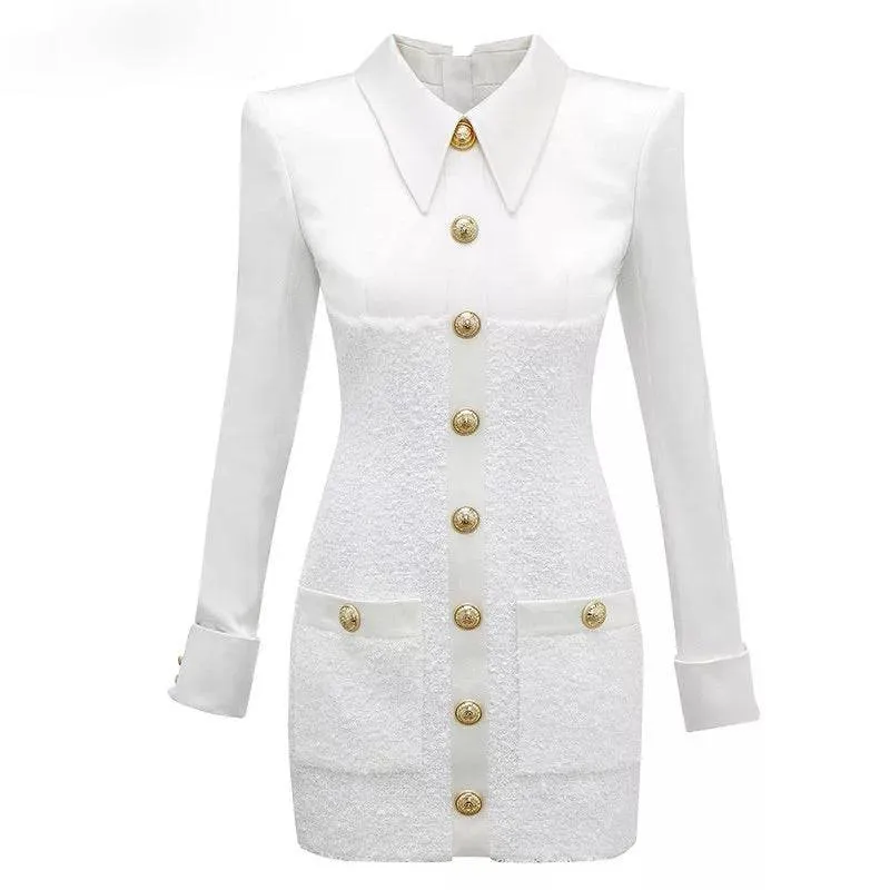 White Tweed Gold Buttoned Dress