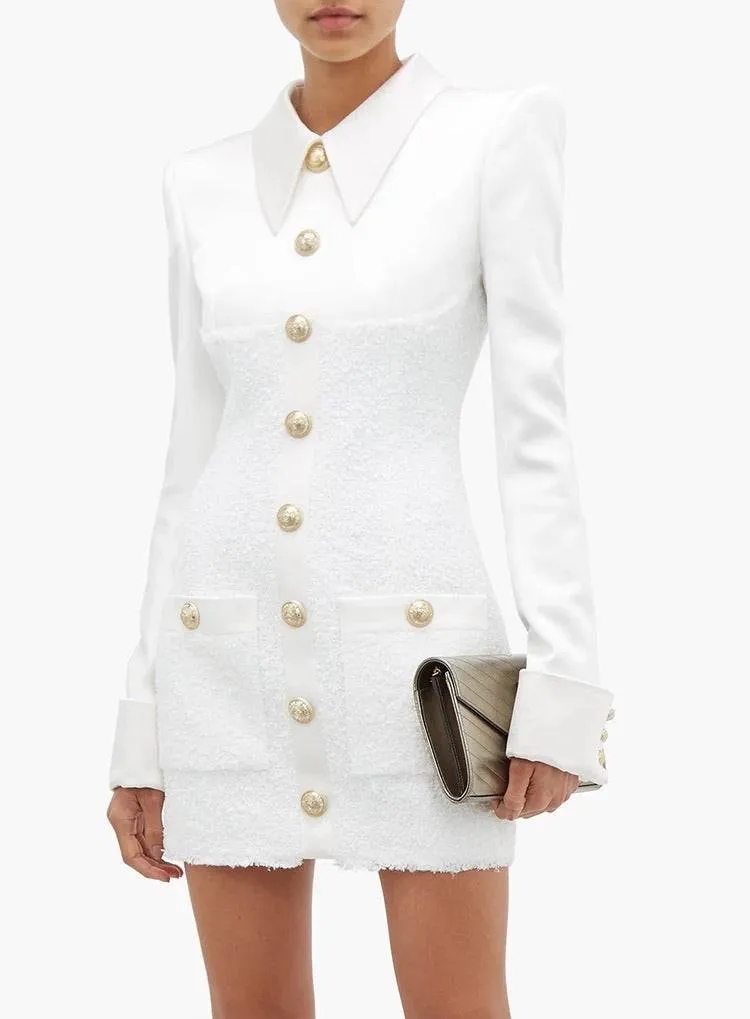 White Tweed Gold Buttoned Dress