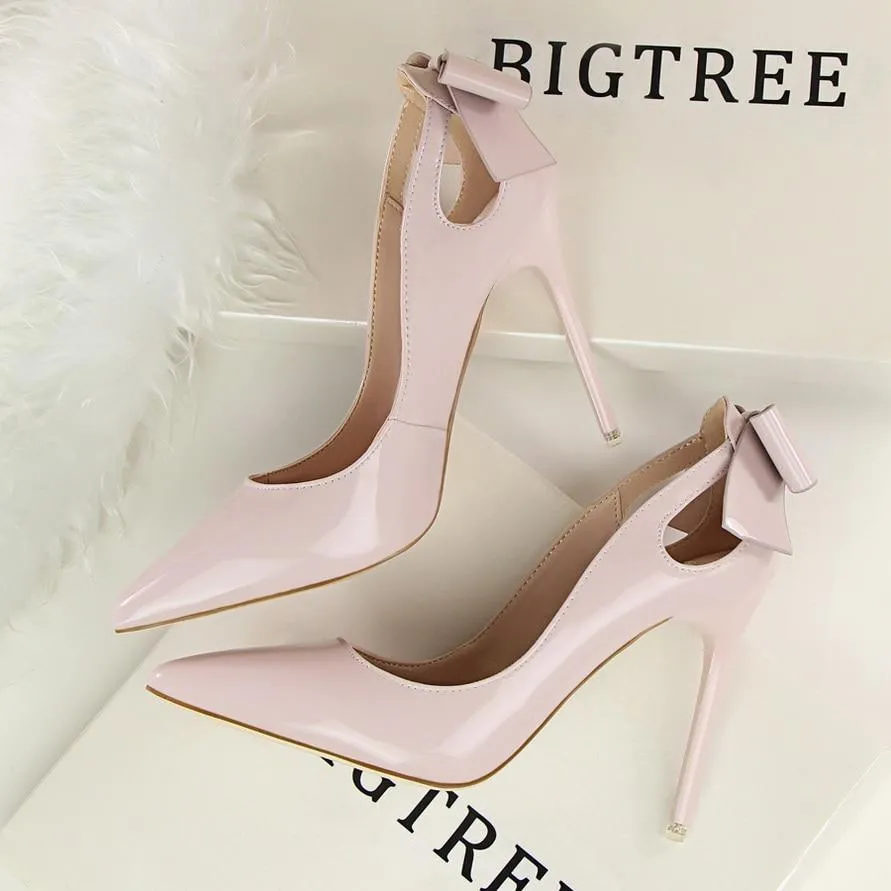 Women's Autumn Sweet Butterfly Knot High Pink Nude Heel Pumps