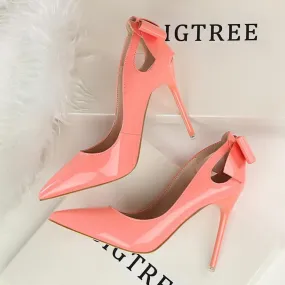 Women's Autumn Sweet Butterfly Knot High Pink Nude Heel Pumps