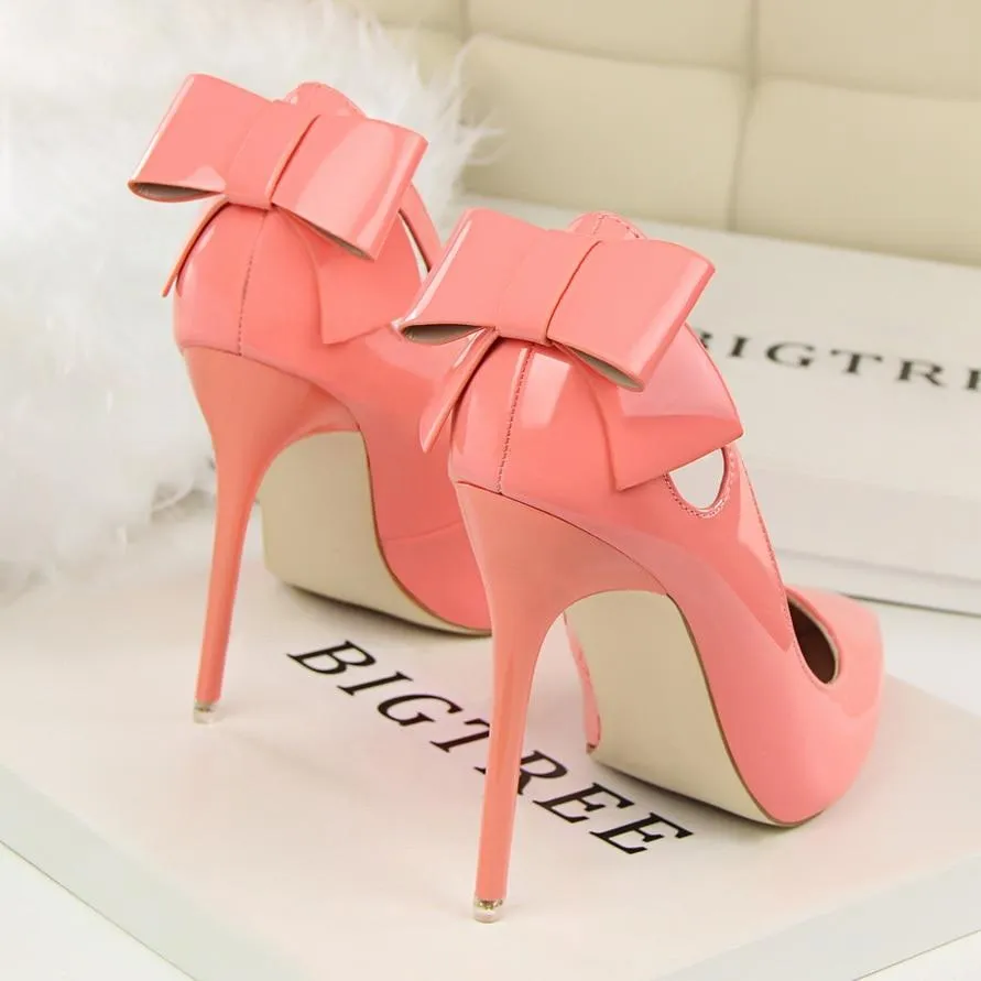 Women's Autumn Sweet Butterfly Knot High Pink Nude Heel Pumps