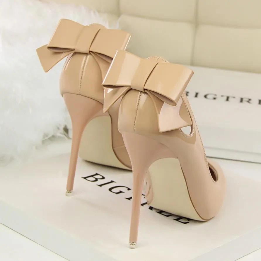 Women's Autumn Sweet Butterfly Knot High Pink Nude Heel Pumps