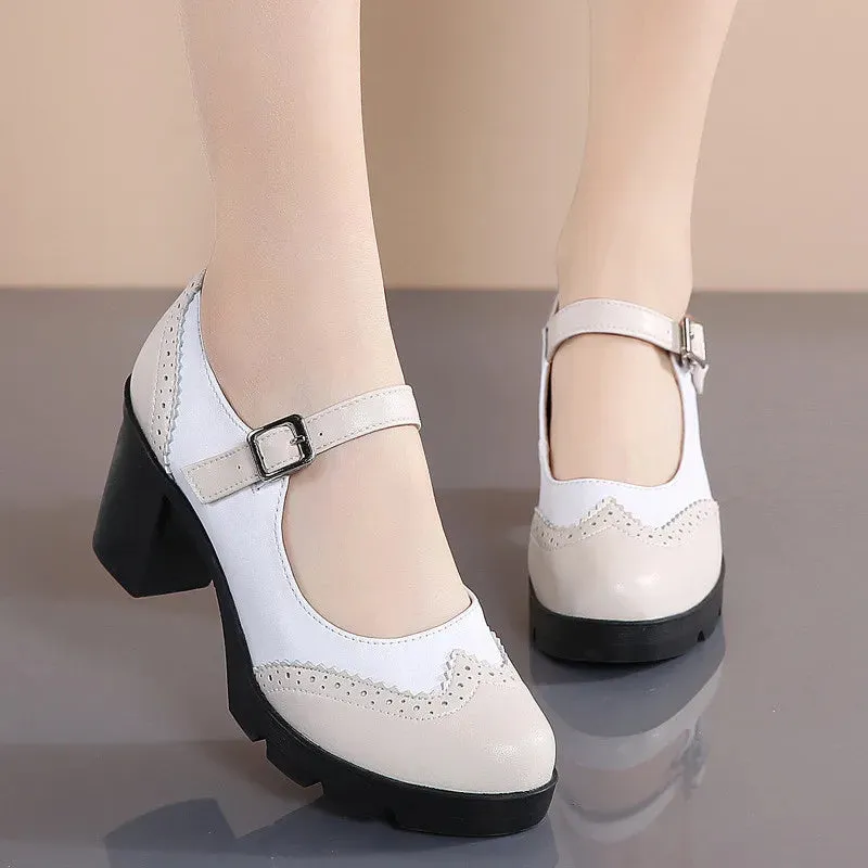 Women's Black White Genuine Leather Handmade Sheepskin High Heels