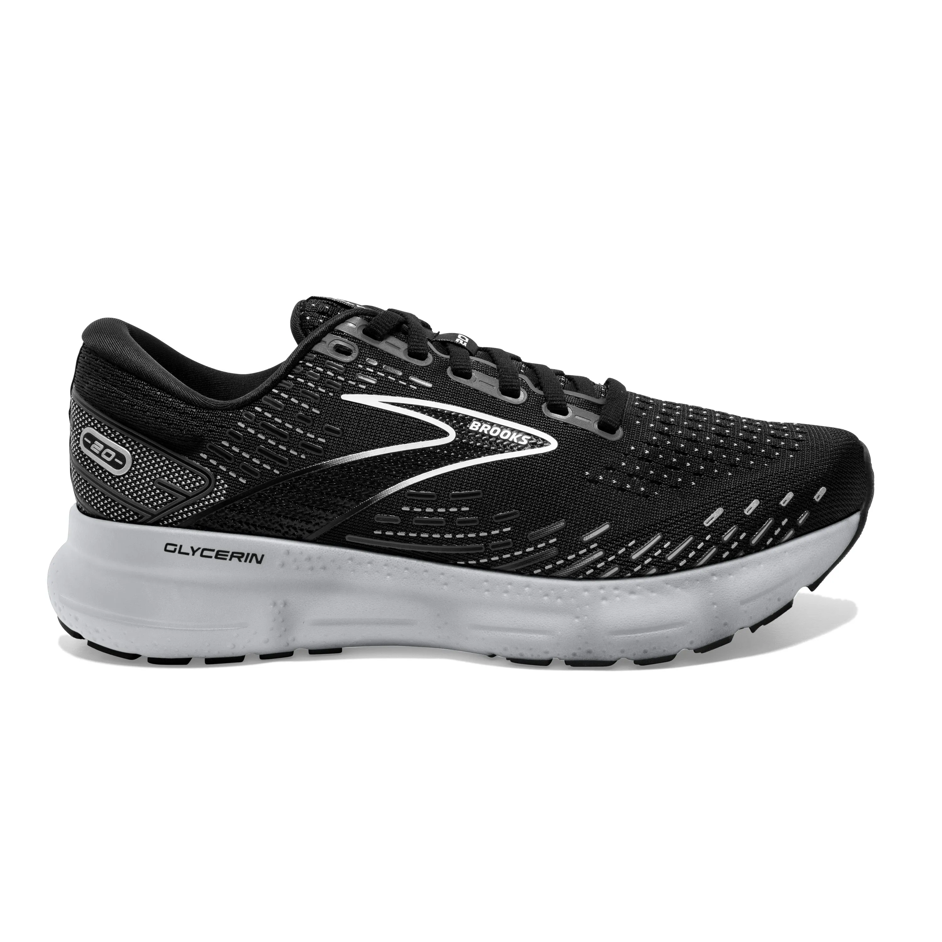 Women's Brooks Glycerin 20, Black/White/Alloy, 6.5 B Medium