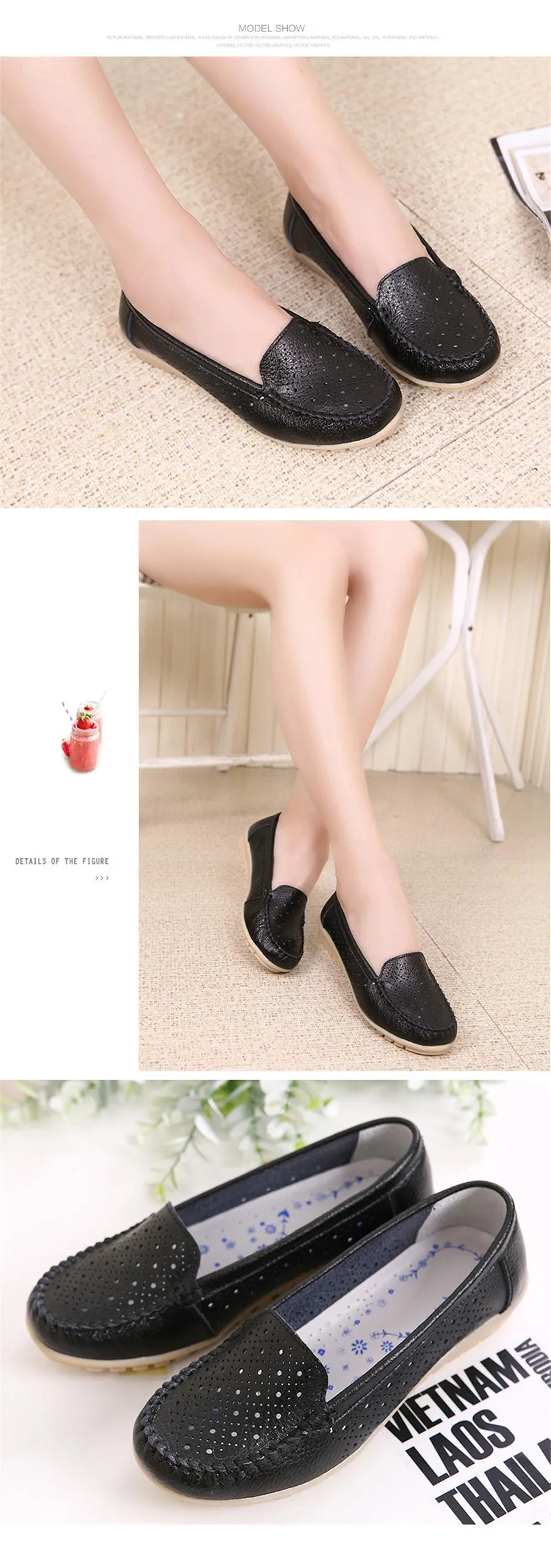 Women's Cutout Slip-on Ballet Loafers in Genuine Leather with Round Toe