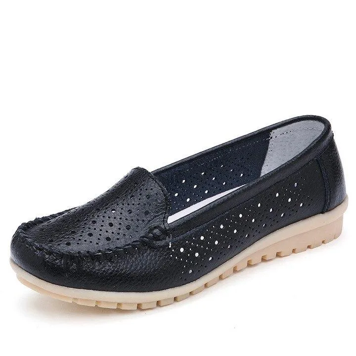 Women's Cutout Slip-on Ballet Loafers in Genuine Leather with Round Toe