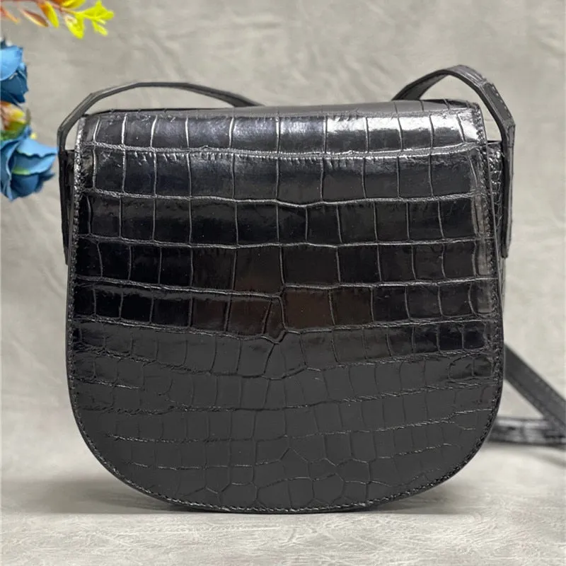 Women's Fashion Authentic Crocodile Belly Skin Small Saddle Handbags