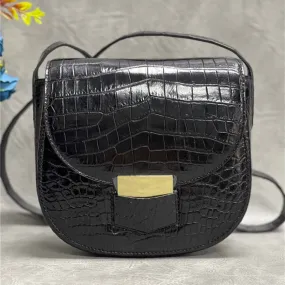 Women's Fashion Authentic Crocodile Belly Skin Small Saddle Handbags