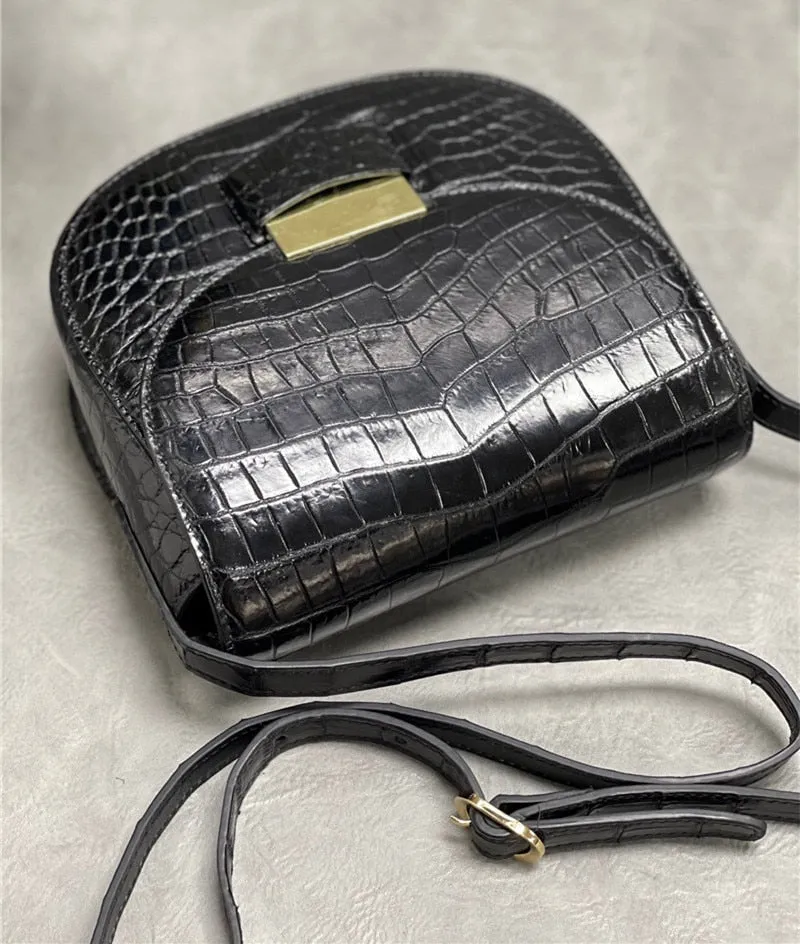 Women's Fashion Authentic Crocodile Belly Skin Small Saddle Handbags