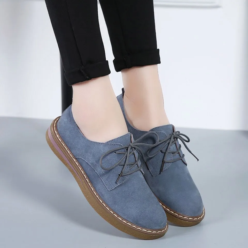 Women's Genuine Suede Leather Casual Round Toe Lace Up Flat Shoes