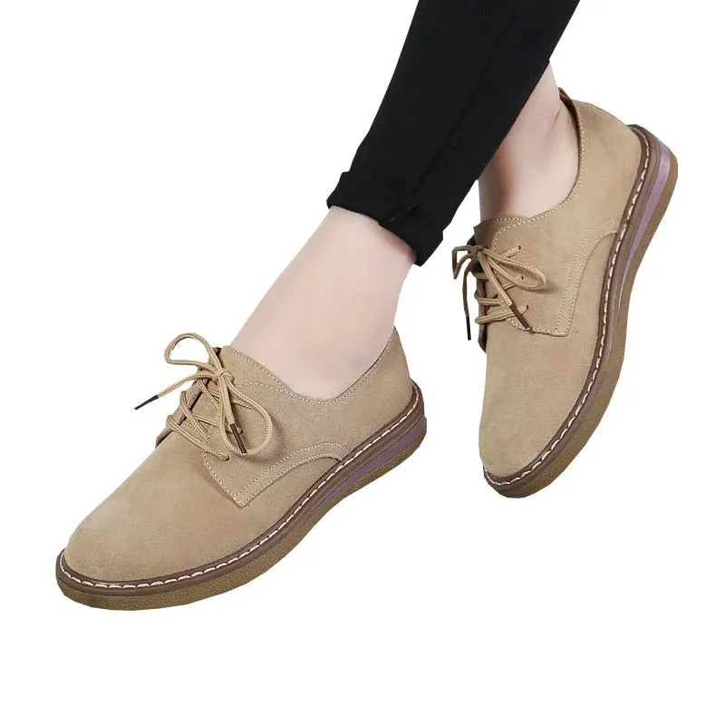 Women's Genuine Suede Leather Casual Round Toe Lace Up Flat Shoes