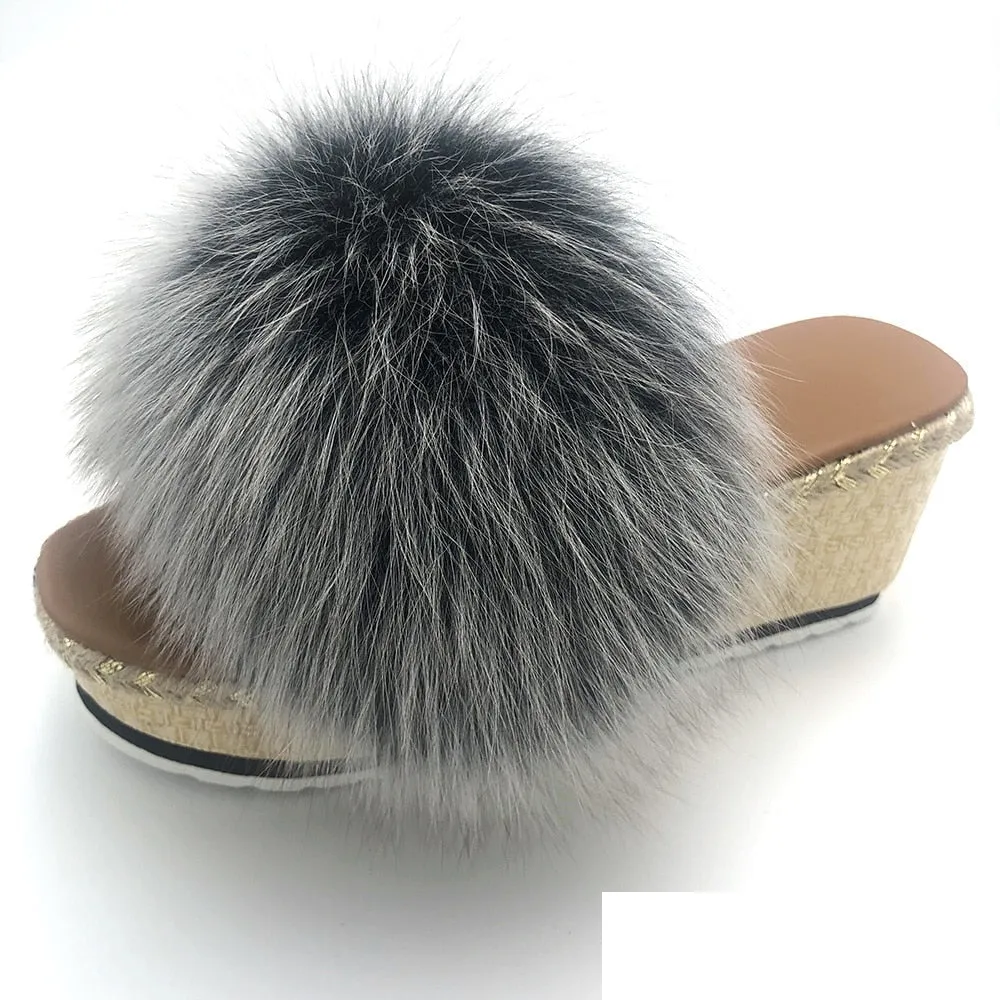 Women's Luxury Fox Fur Summer Black Frost Color House Slippers