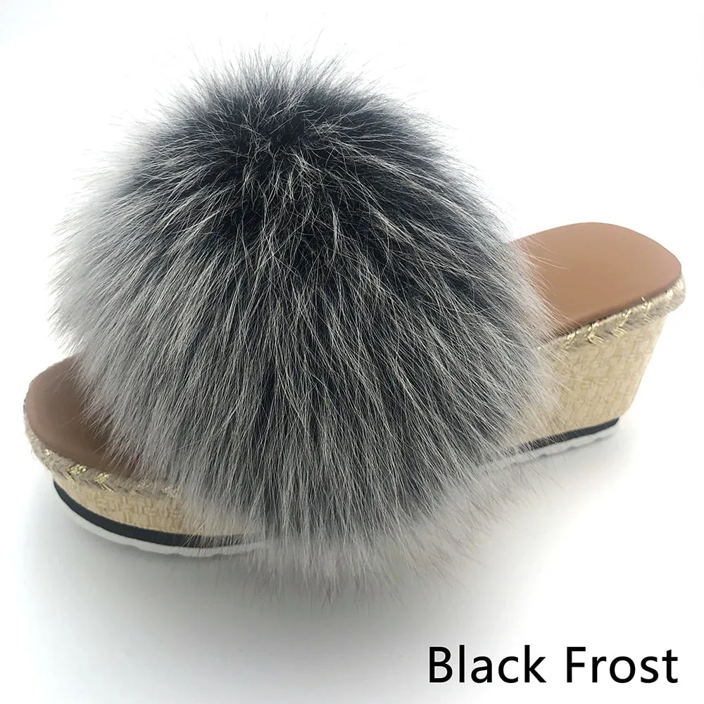 Women's Luxury Fox Fur Summer Black Frost Color House Slippers