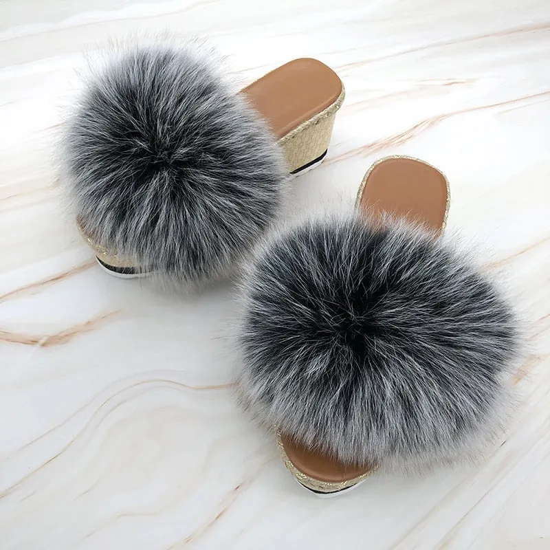 Women's Luxury Fox Fur Summer Black Frost Color House Slippers