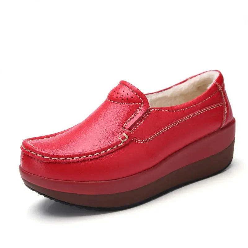 Women's Red Color Genuine Leather Slip-on Round Toe Casual Shoes