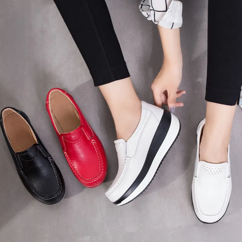 Women's Red Color Genuine Leather Slip-on Round Toe Casual Shoes