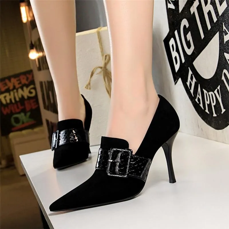 Women's Sexy 9.5cm Spring Black Stripper High Heels Buckle Pumps