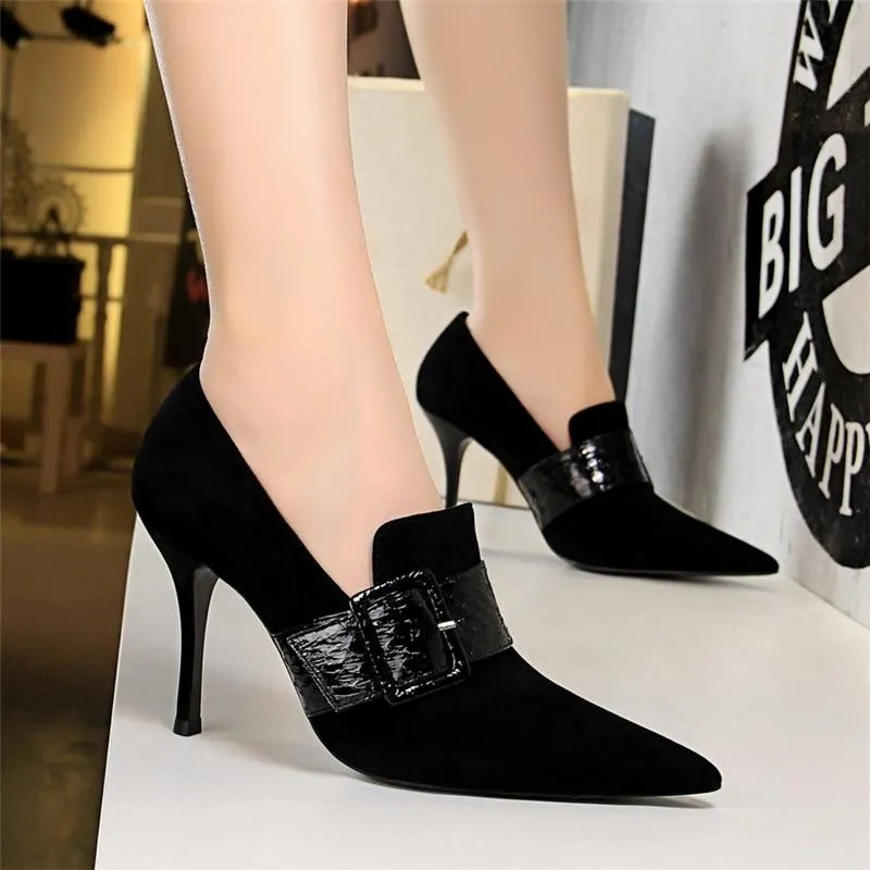 Women's Sexy 9.5cm Spring Black Stripper High Heels Buckle Pumps