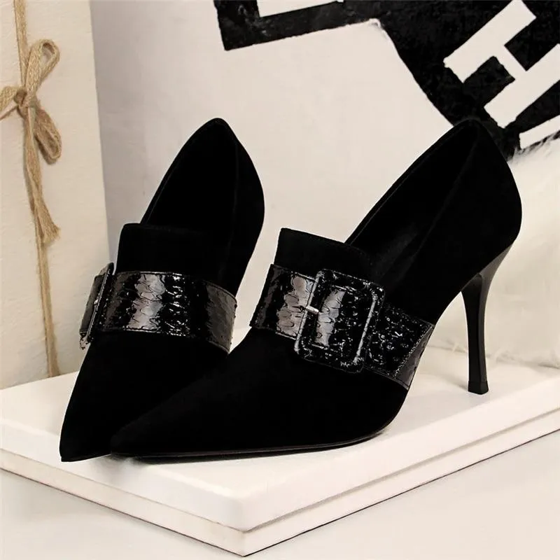 Women's Sexy 9.5cm Spring Black Stripper High Heels Buckle Pumps